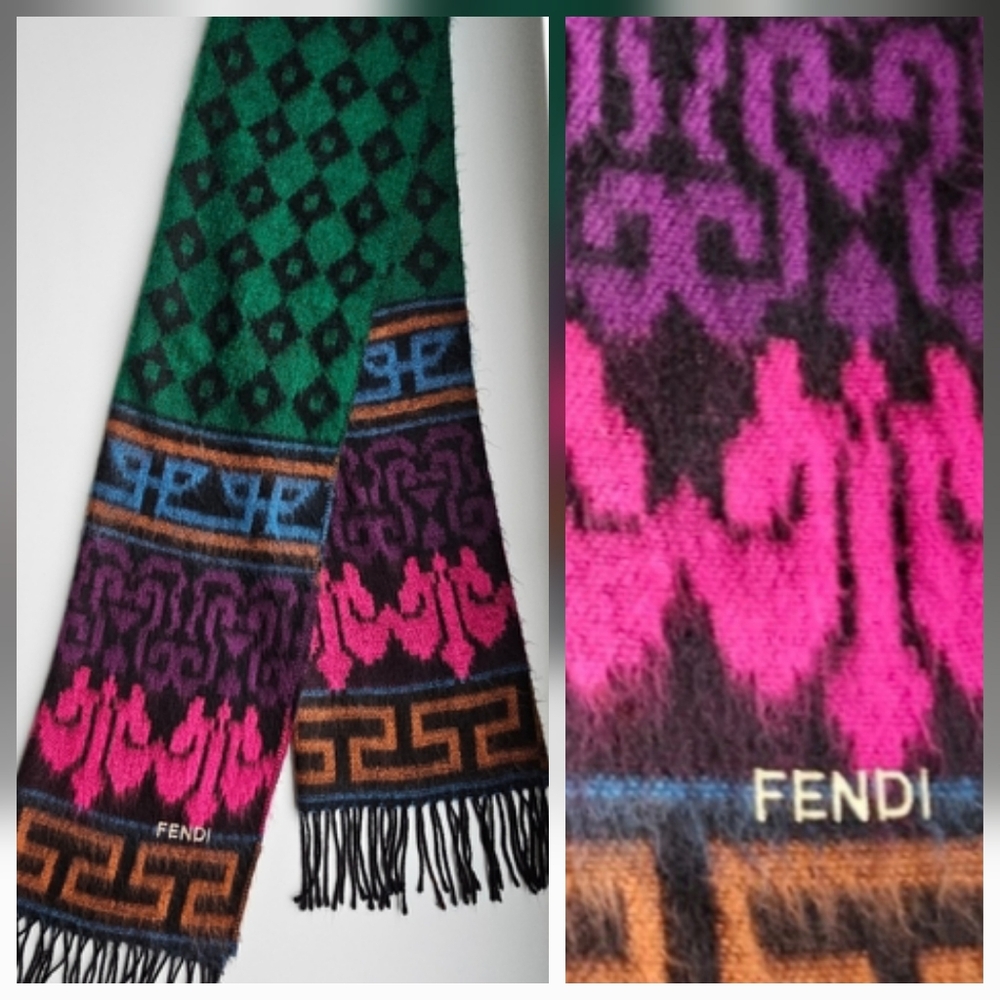 FENDI Vintage Iconic Vibrant Colored Aztec Logo Acrylic Scarf